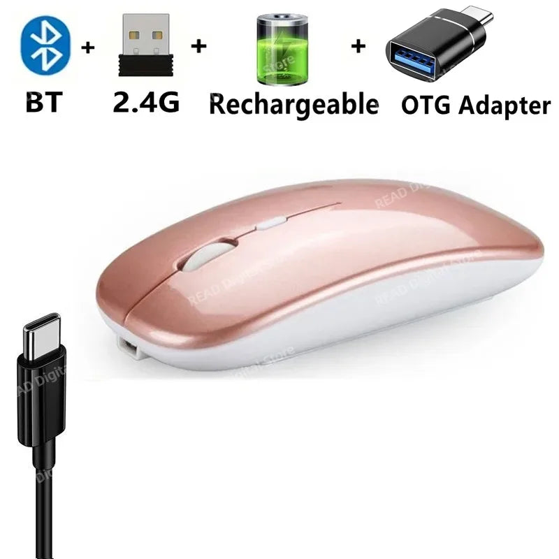 Wireless Mouse Slim Bluetooth-compatible 2.4G Computer Mice Portable Rechargeable/Battery Cordless Mouse for iPad Laptop Desktop
