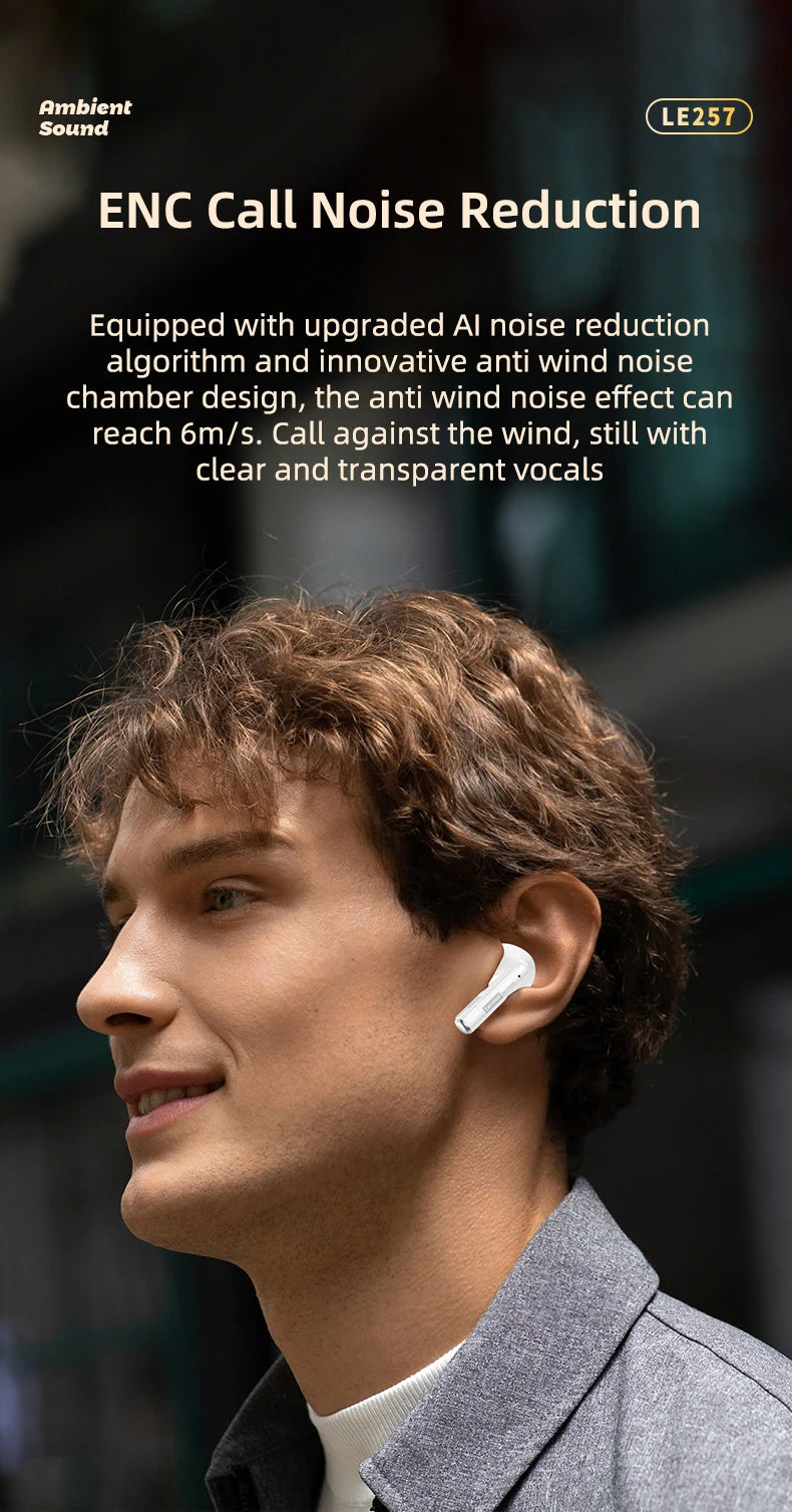  Lenovo LE257 TWS Wireless Bluetooth 6.0 Headphones HiFi Sound ENC Call Noise Reduction Earphone Gaming Sports Headset With Mic