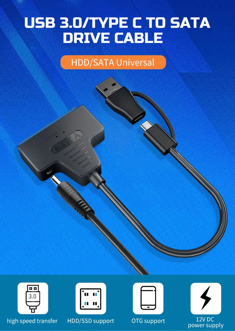 USB 3.0 to SATA Cable for 3.5/2.5 Inch SSD HDD SATA III Hard Drive Disk with 12V/2A Power Adapter