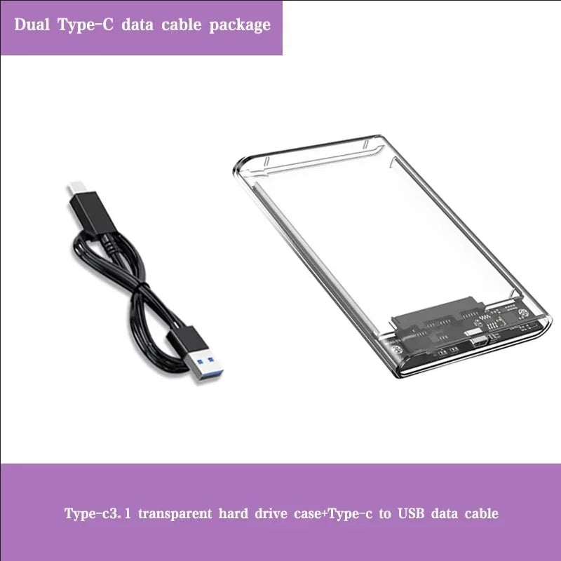 Transparent 2.5 Inch HDD Enclosure SSD SATA to USB 3.0 Type-C 3.1 Portable External Hard Drive Case Tool-Free