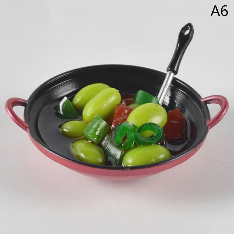 1/12 Dollhouse Miniature Accessories Mini Metal Cooking Pot with Food Simulation Kitchen Kitchenware Model Toy Doll House Decor