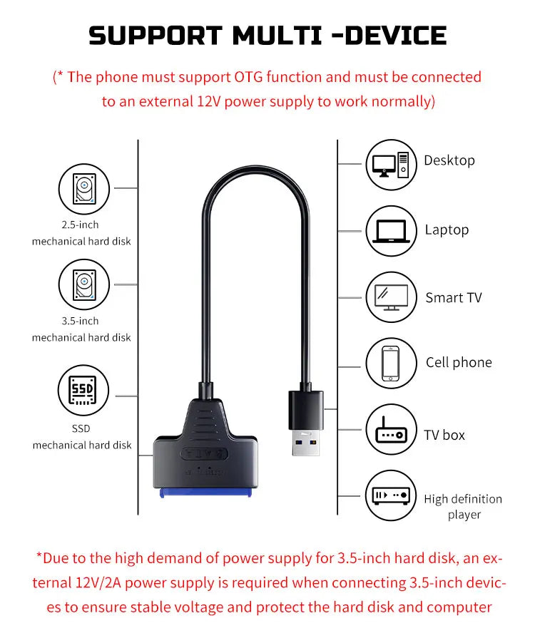 USB 3.0 to SATA Cable for 3.5/2.5 Inch SSD HDD SATA III Hard Drive Disk with 12V/2A Power Adapter