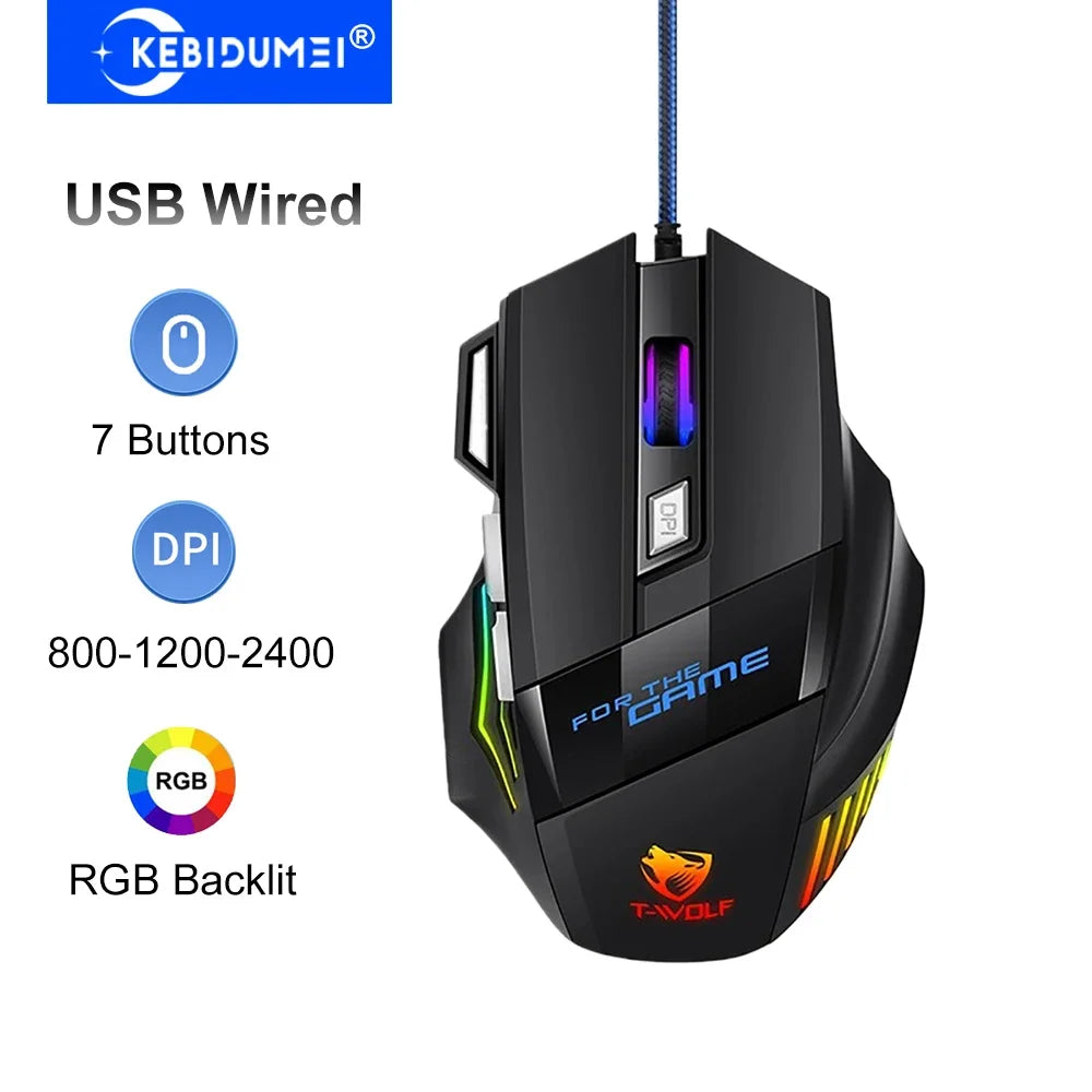 KEBIDUMEI RGB Wired Gaming Mouse 7200DPI 6-Level Adjustable 6 Buttons Ergonomic Silent Mice Plug and Play for Laptop Win MacOS