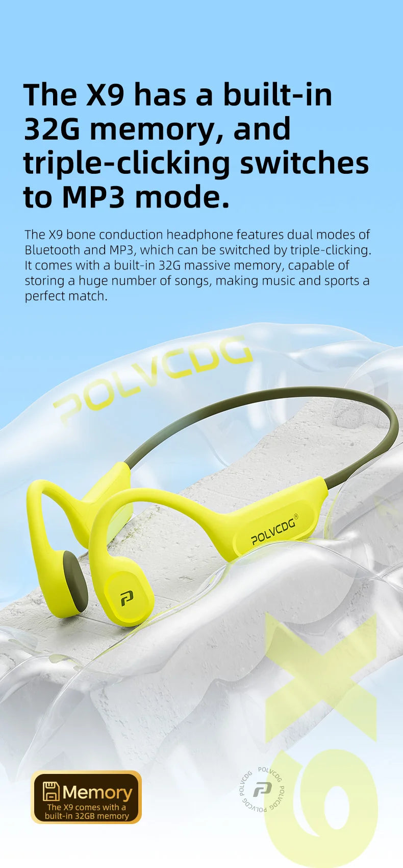 POLVCDG X9 Bone Conduction Earphones 32G IPX8 Waterproof Open Design for Swimming Running Cycling Hanging Earphones