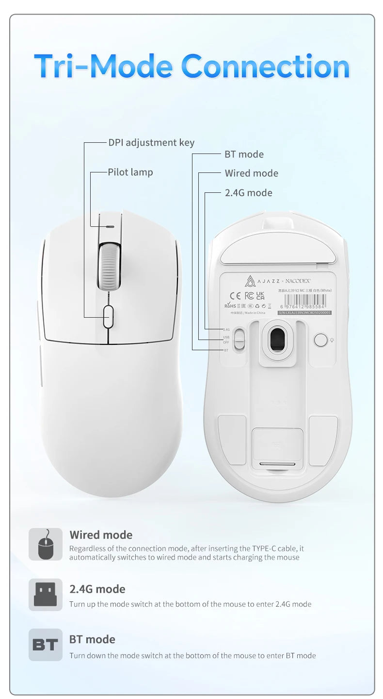 AJAZZ AJ139 V2 MC Three-mode Wired/Bluetooth/2.4G Wireless Gaming Mouse PAW3311 Sensor 500mAh Mouse Suitable for PC Gamers