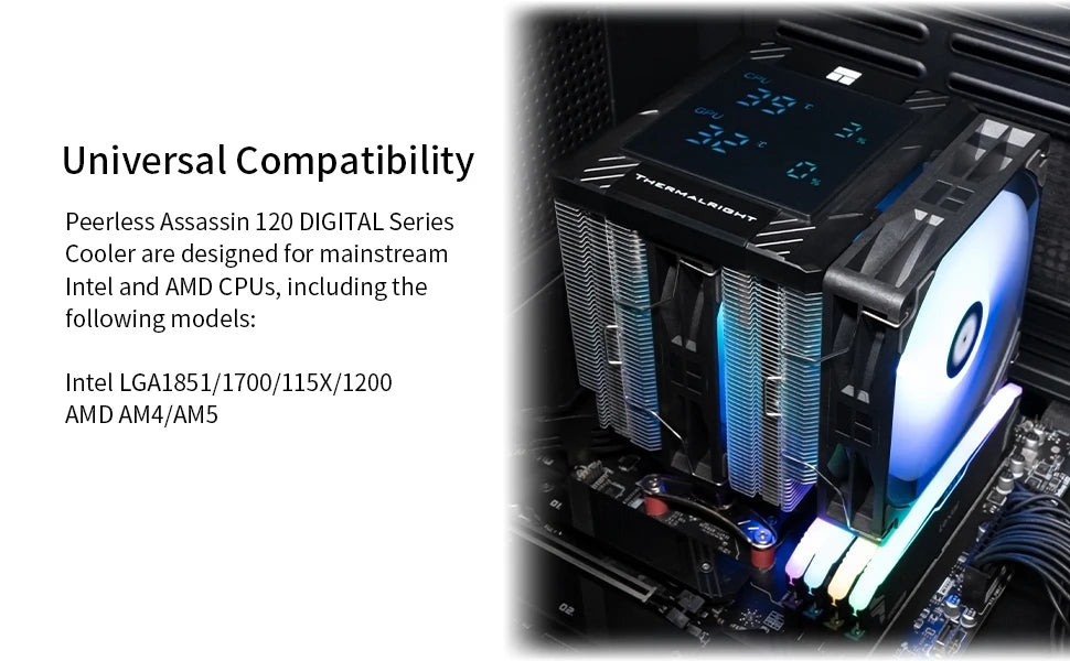Thermalright Peerless Assassin 120 ARGB Digital Black CPU Air Cooler Supports LGA1851/1700/115X/1200/ AMD AM4/AM5