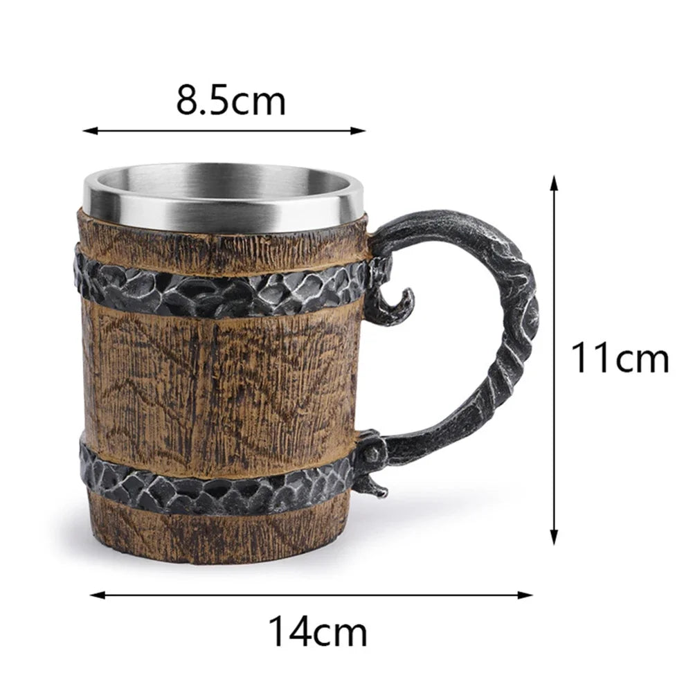 Wooden Barrel Beer Cup Stainless Steel Beer Mug Double Wall Drinking Cups Viking Style Vintage Coffee Mugs Kitchen Supplies