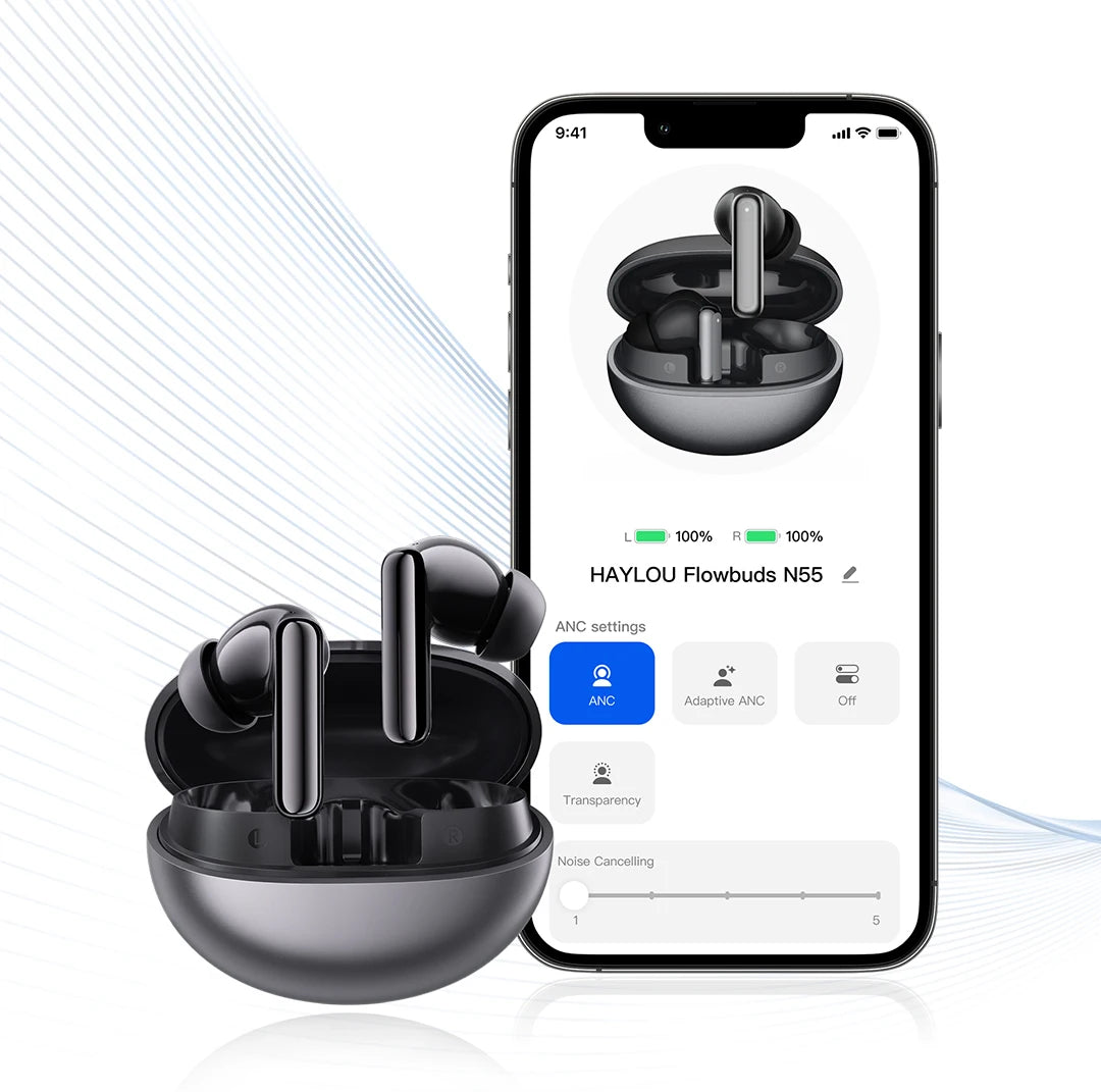 HAYLOU Flowbuds N55 Wireless Earbuds 54dB Adaptive ANC Bluetooth 6.0 LDAC Hi-Res Audio 6-Mic HD Call Earphones 40H Playback IPX5