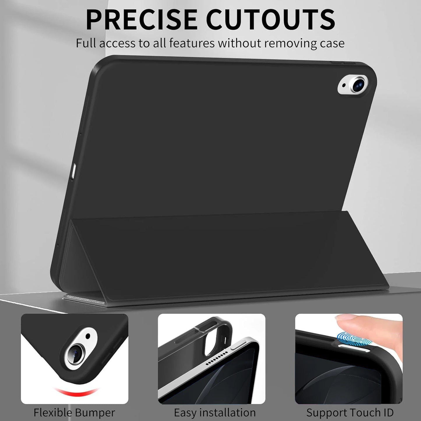 for iPad 5/6/7/8/9/10th gen Compatible with Air 4/5/6/7 Pro 11, three fold stand intelligent protective cover with soft TPU case