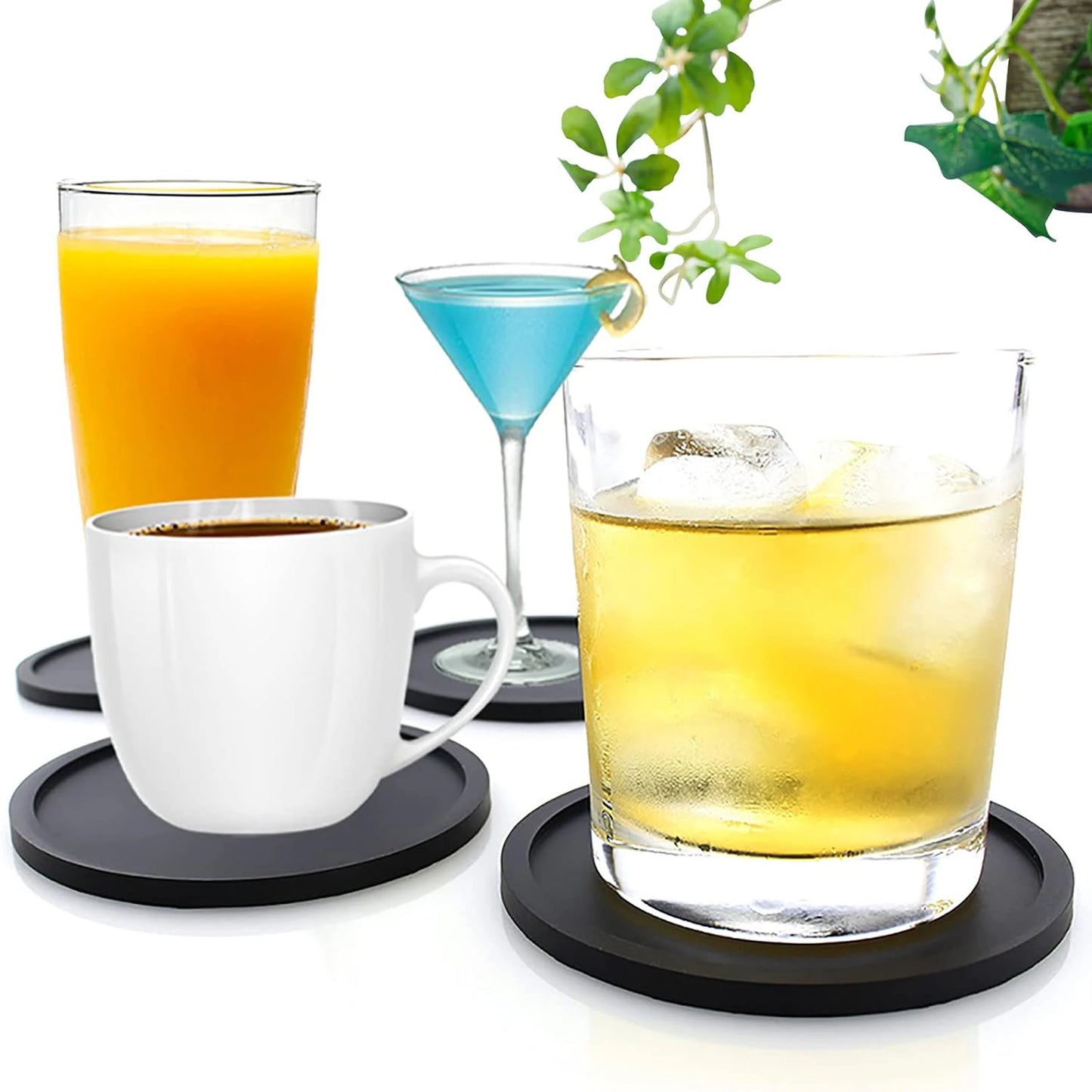 Non Slip Silicone Drink Coasters Large Black Cup Coaster Set for Outdoor & Indoor Drinks - Anti Stain & Heat Resistant - Cup Tab