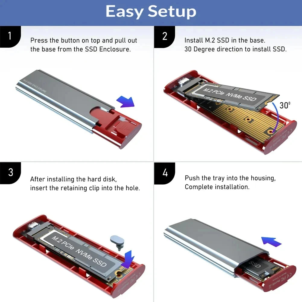 M2 NVMe SSD Enclosure 10Gbps PCIe SSD Case Portable Box USB C USB 3.1 Tool Free External Adapter with Heat Sink Pad for M.2 SSD