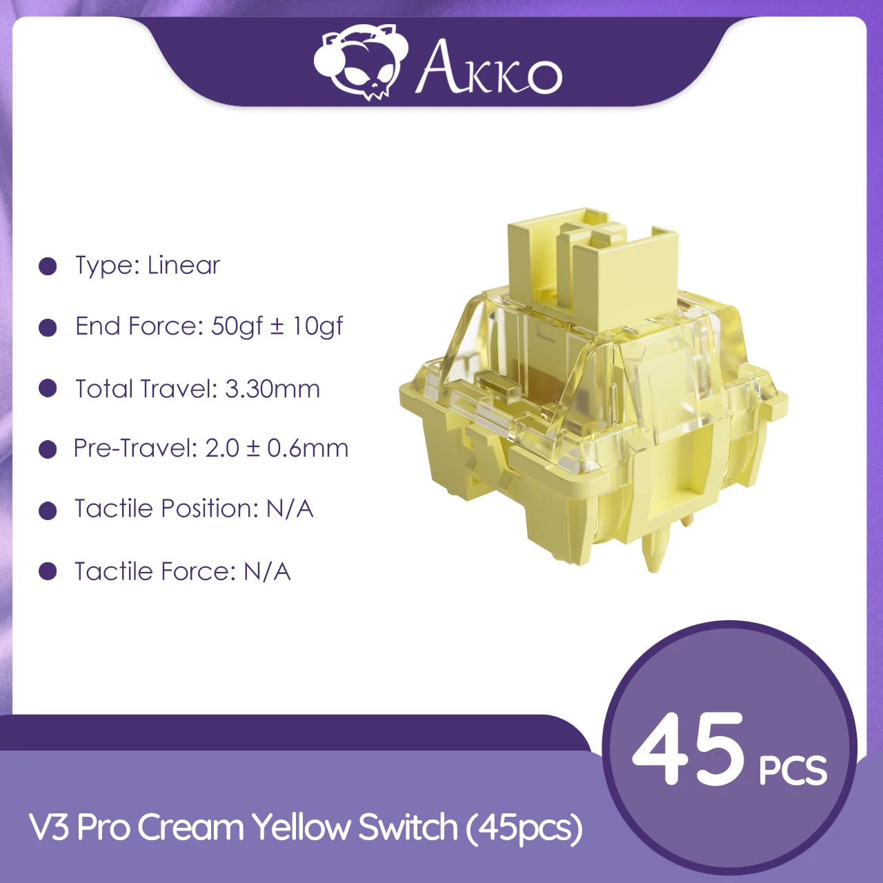 Akko V3/V5 Cream Yellow Pro Switch 5 Pin 50gf Linear With Stable Dustproof Stem For Mx Mechanical Keyboard (45 pcs)