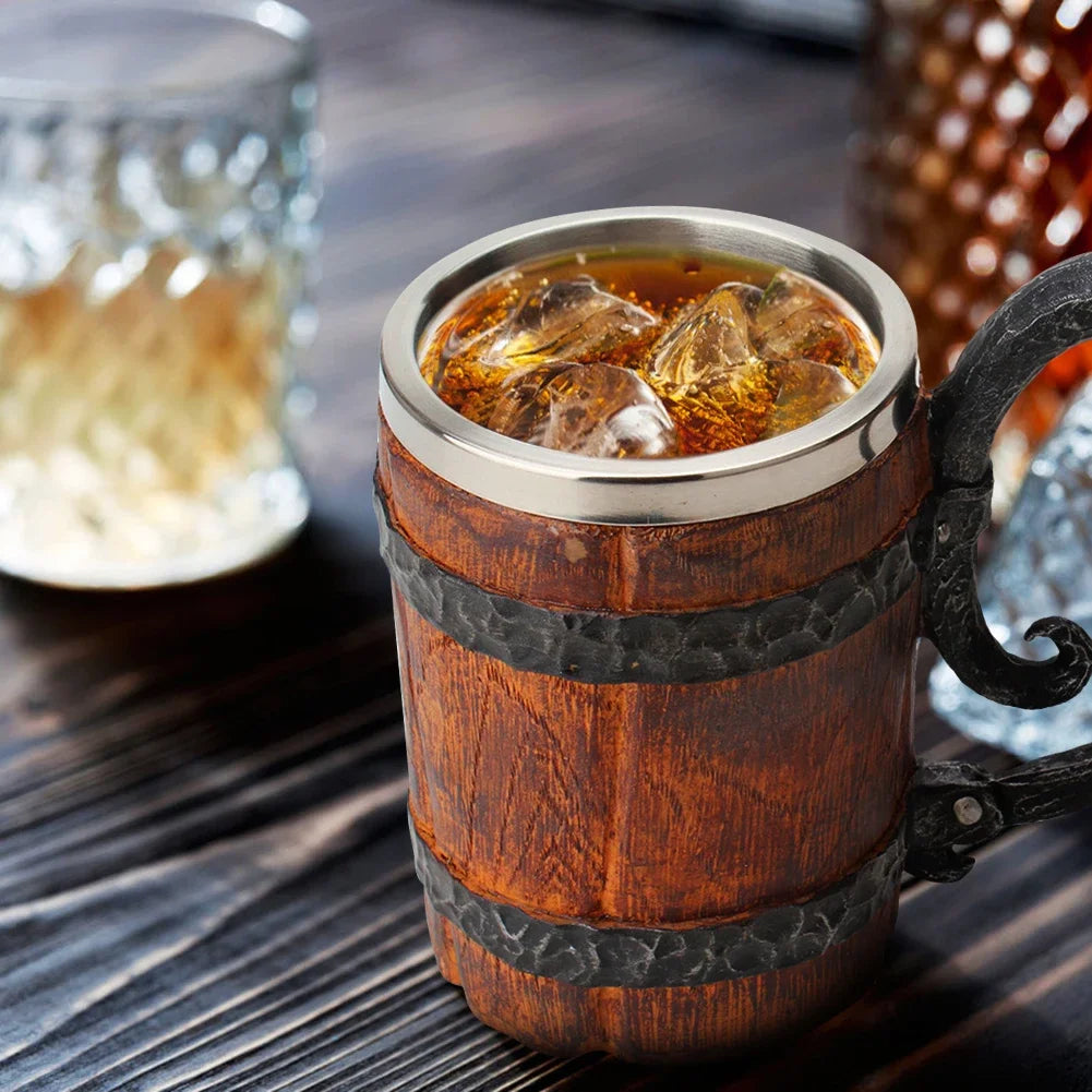 Wooden Barrel Beer Cup Stainless Steel Beer Mug Double Wall Drinking Cups Viking Style Vintage Coffee Mugs Kitchen Supplies