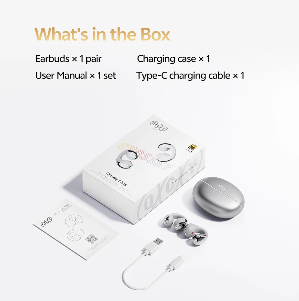 QCY Crossky C30S Open Ear Earphones Wireless Bluetooth 6.0 Clip-On Earbuds LDAC Hi-Res Audio Dual Connection 40H IPX5 Waterproof