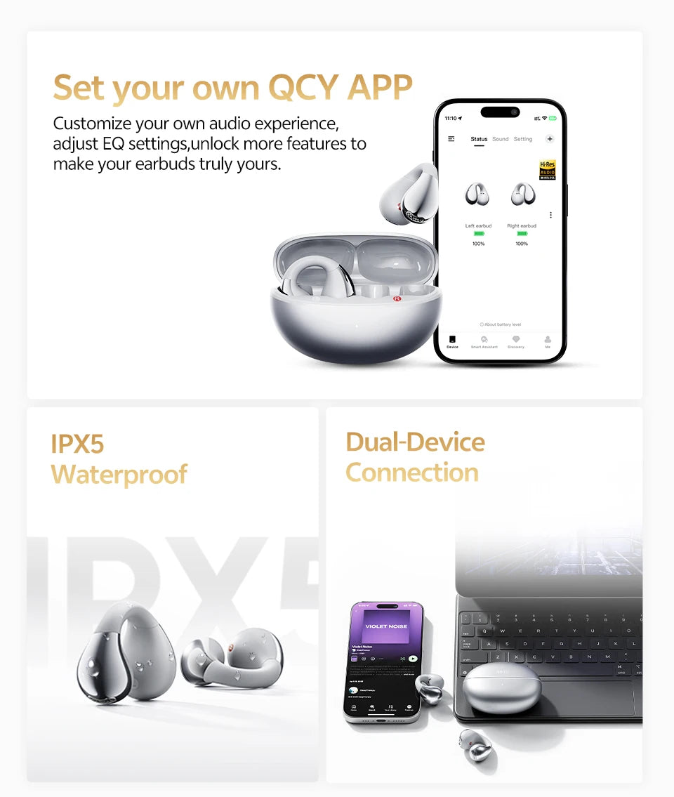 QCY Crossky C30S Open Ear Earphones Wireless Bluetooth 6.0 Clip-On Earbuds LDAC Hi-Res Audio Dual Connection 40H IPX5 Waterproof