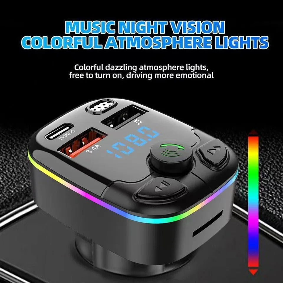 Car Charger Bluetooth 5.0 FM Transmitter Handsfree PD Type-C Dual USB Ambient Player MP3 Charger Type-C Wireless Light