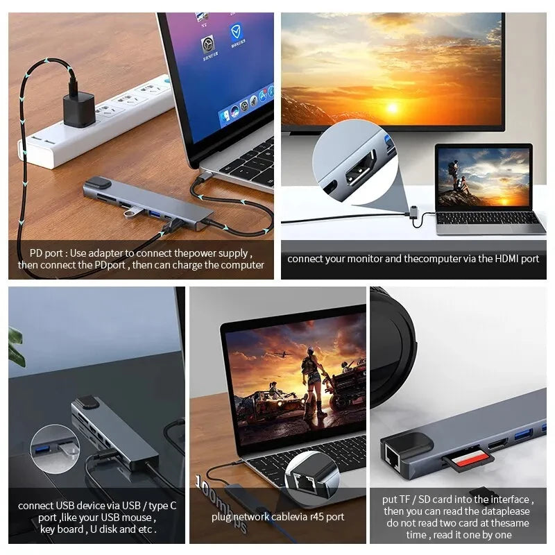 8 In1 Usb C Hub 3.0 Type C Splitter 4k Docking Station Laptop Adapter Pd Sd Tf For Macbook Air M1 Ipad Pro Rj45 Hdmi-Compatible
