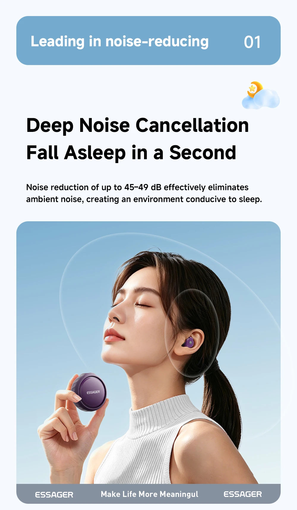 Essager Noise-canceling Sleep Earplugs 45-49dB Anti-Noise Hearing Protection Silicone Soft Earplug for Sleep Work Study Travel
