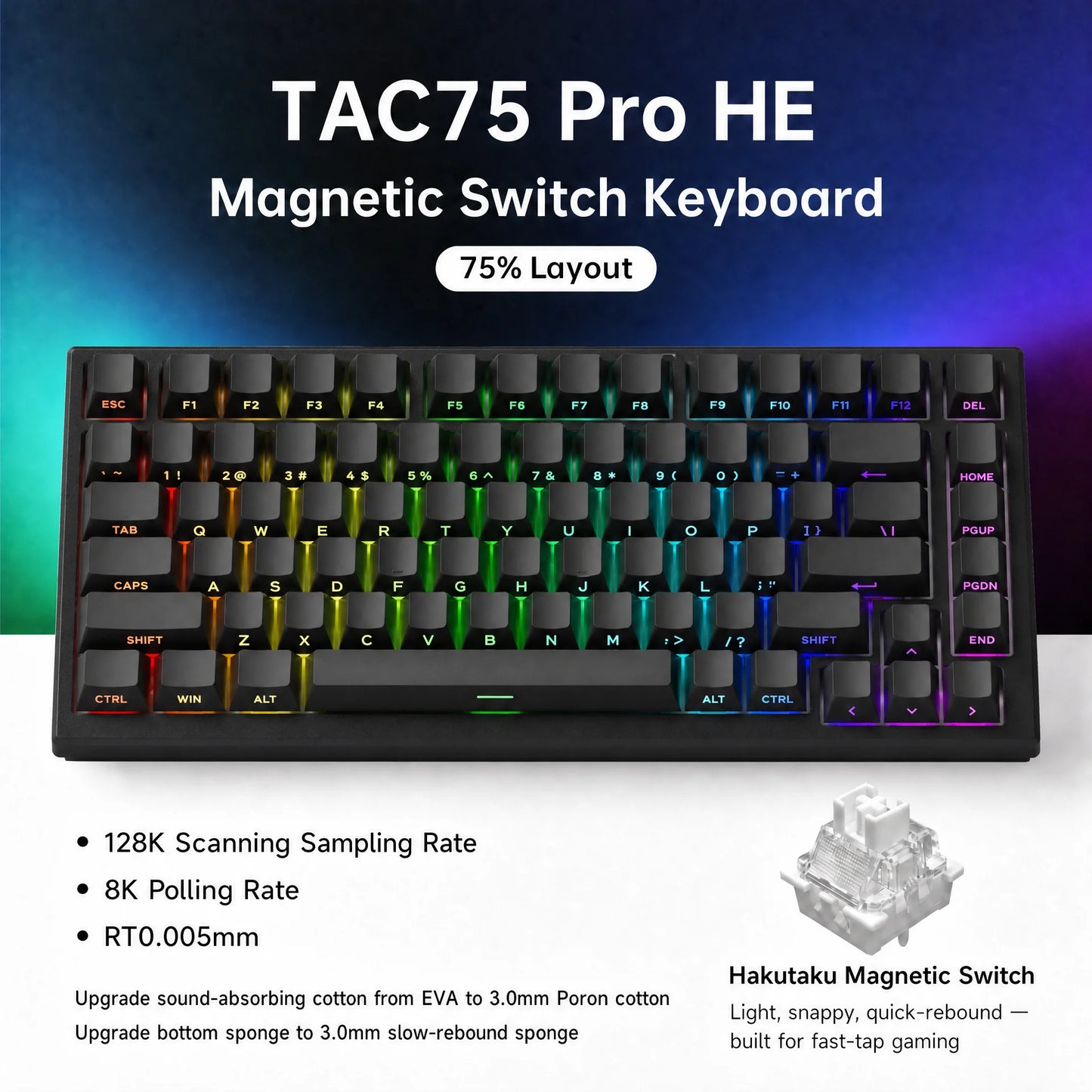 AKKO TAC75 HE Magnetic Switch Keyboard 75% Gaming Keyboards Rapid Trigger 0.005mm 8K RGB Wired Esports Custom Keyboard for Gamer