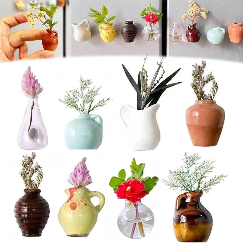 8PCS Mini Ceramics Vase Fridge Magnet DIY Porcelain Vase Refrigerator Magnet Message Sticker flowers Plant on Kitchen Gift