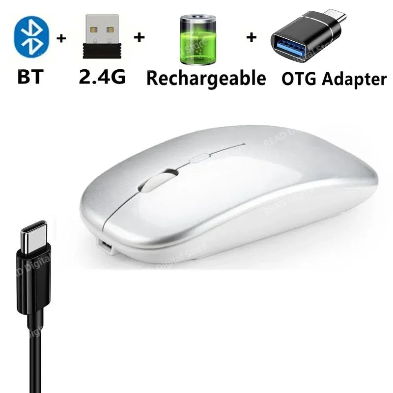 Wireless Mouse Slim Bluetooth-compatible 2.4G Computer Mice Portable Rechargeable/Battery Cordless Mouse for iPad Laptop Desktop