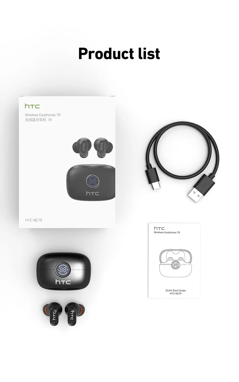 HTC NE79 TWS Bluetooth 6.0 Earbuds AI Translation 135 Languages ENC Noise Cancelling HiFi Stereo Headphones with LED Display