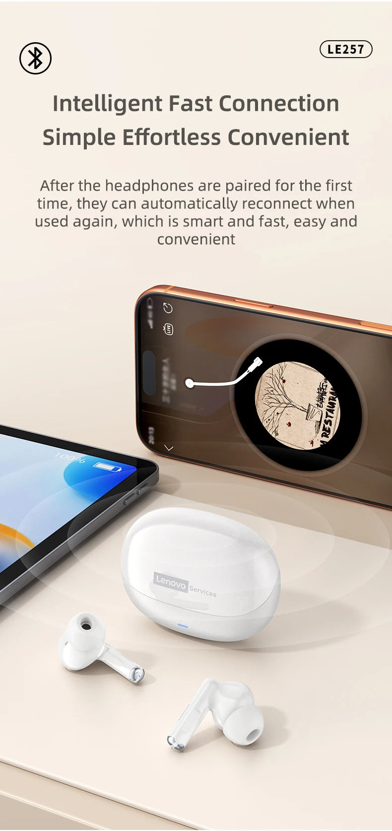  Lenovo LE257 TWS Wireless Bluetooth 6.0 Headphones HiFi Sound ENC Call Noise Reduction Earphone Gaming Sports Headset With Mic