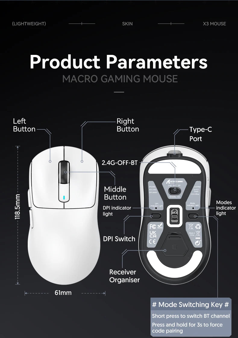 X3 ATTACK SHARK X3Pro Bluetooth Gaming Mouse PAW3395 Sensor TTC Encoder Black Mamba Switch and 1K/4K Hz for Wireless Mouse