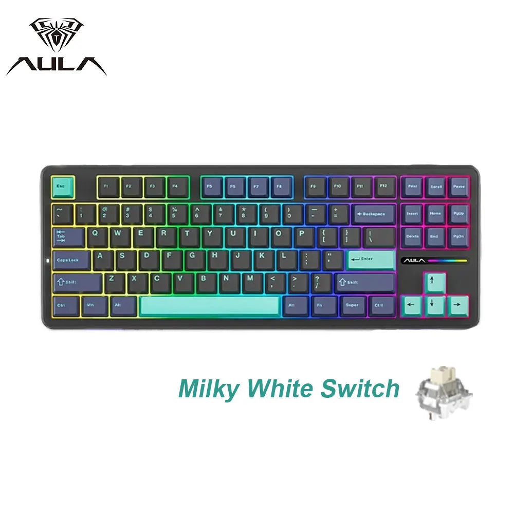 AULA F87 Pro Mechanical Keyboard 2.4g/Usb/Bluetooth Tri Mode Wireless 87 Key Rgb Pbt Gasket 5 Layer Silencing Full Key No Impact