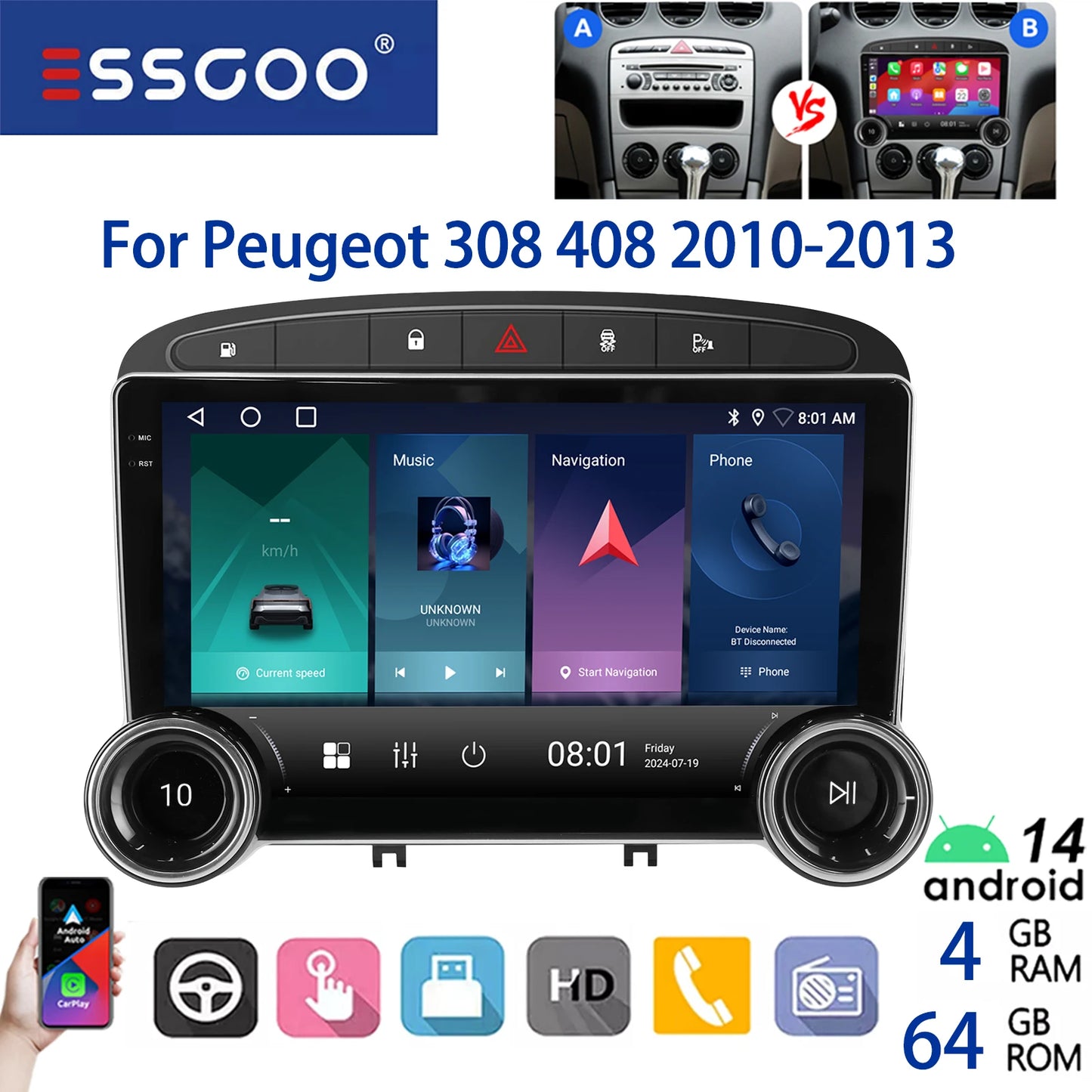 ESSGOO 2DIN Android 14 For Peugeot 408 RCZ 308 10-13 Car Radio Wireless Carplay Android Auto 10" Display GPS Navi WIFI FM RDS BT