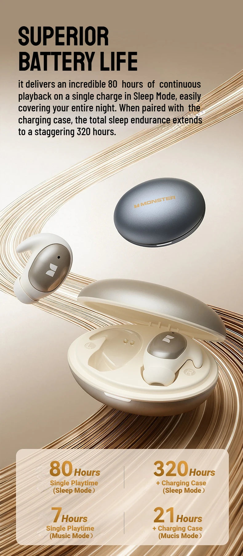 Monster Passive Noise Canceling Sleep Earphone Bluetooth 6.0 Sleep Earbuds for Side Sleepers Hifi Stereo TWS Wireless Headphone