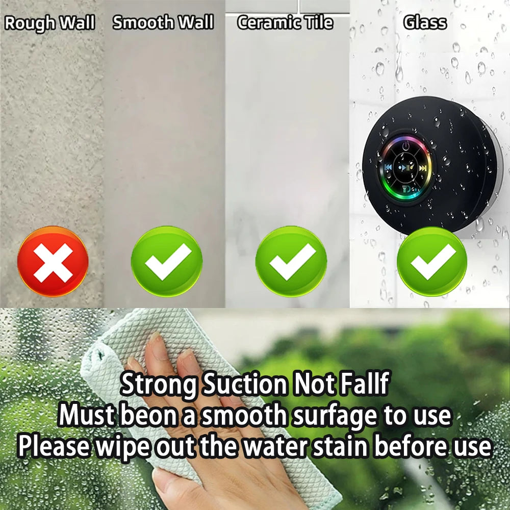 Bluetooth Speaker Portable Wireless Mini LED Speaker With Mic Suction Cup IPX4 Waterproof Resistant For Travel Outdoor Bathroom