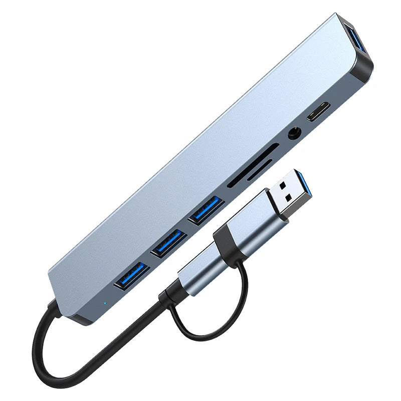 8 in 2 USB +Type C HUB Docking Station with 3.5mm Audio Jack Adapter for Micro SD Card Reader Laptop Tablet Phone Disk Converter