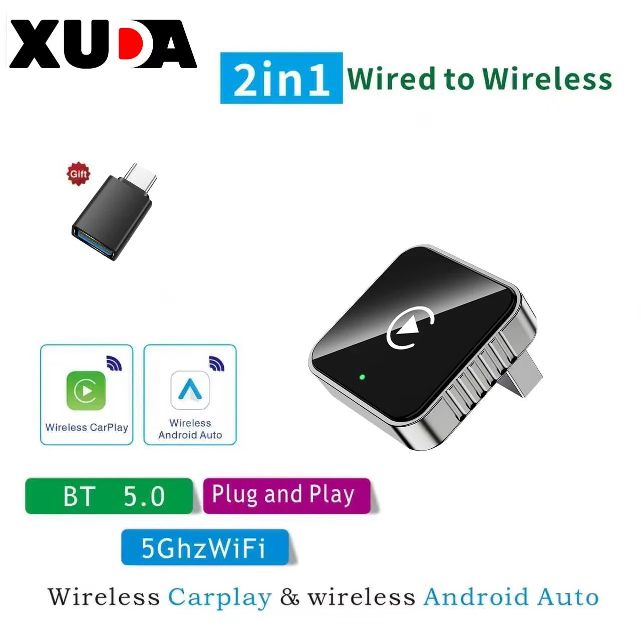XUDA 2 in 1 Wired to Wireless CarPlay Android Auto Adapter for OEM Car Stereo With USB Dongle Mini Box Plug and Play Bluetooth
