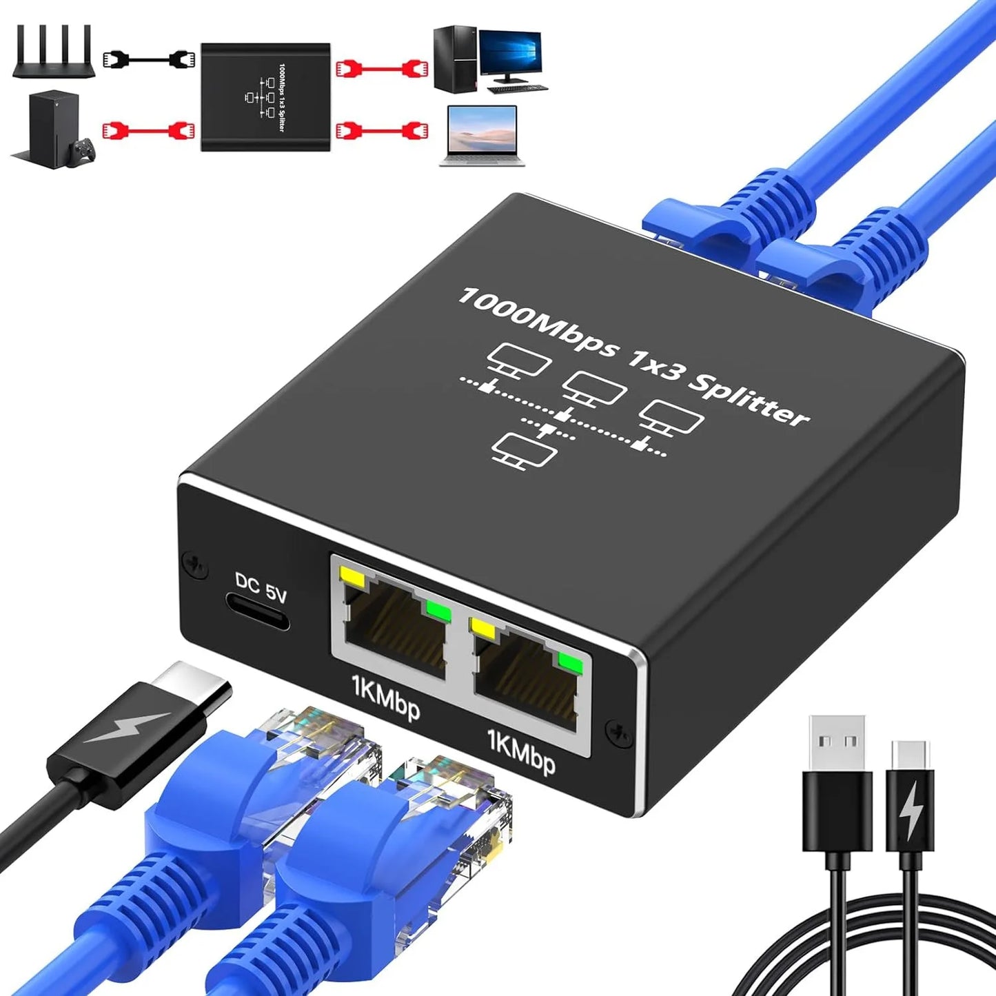 RJ45 Splitter 1 in 2/3/4 Out Network  1000Mbps RJ45 Adapter Gigabit Converter Internet Ethernet 8P8C Extender Plug Extension