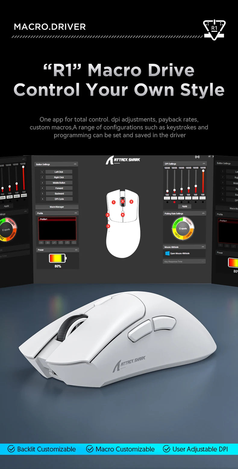 Attack Shark R1 Superlight Mouse ,Bluetooth 2.4G Wireless, PixArt PAW3311 Gaming Sensor 6 Adjustable DPI for Office Game