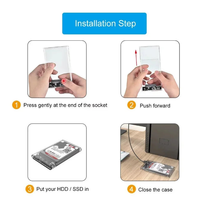 2.5inch SATA SSD Hard Drive Case USB3.0 HDD Enclosure Transparent Design Transfer Speed Mobile External Housing