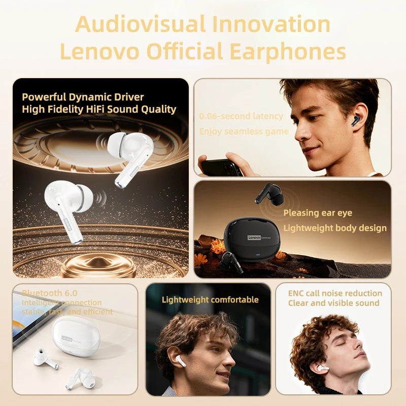  Lenovo LE257 TWS Wireless Bluetooth 6.0 Headphones HiFi Sound ENC Call Noise Reduction Earphone Gaming Sports Headset With Mic