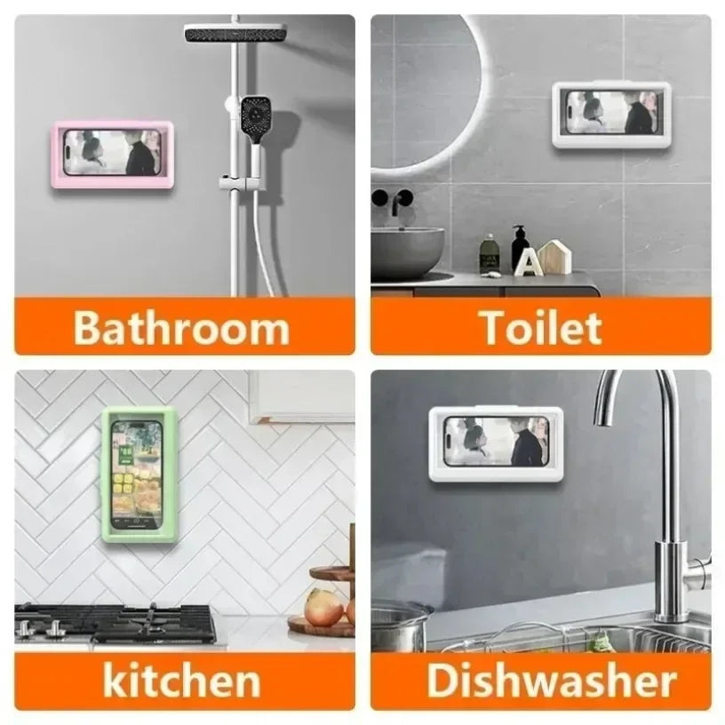 Waterproof Anti-Fog Touch Screen Shower Phone Holder No Drill Wall Mount Bracket Fits 4.7-7 Inch Phones For Bathroom Kitchen Toilet