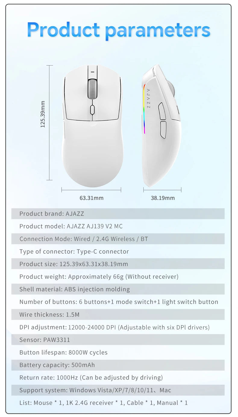 AJAZZ AJ139 V2 MC Three-mode Wired/Bluetooth/2.4G Wireless Gaming Mouse PAW3311 Sensor 500mAh Mouse Suitable for PC Gamers
