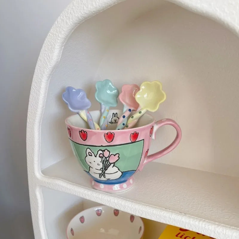 Ceramic Flower Soup Spoon Household Ice Cream Hand Painted Dessert Stirring Spoon with Long Handle Kitchen Tableware Accessories