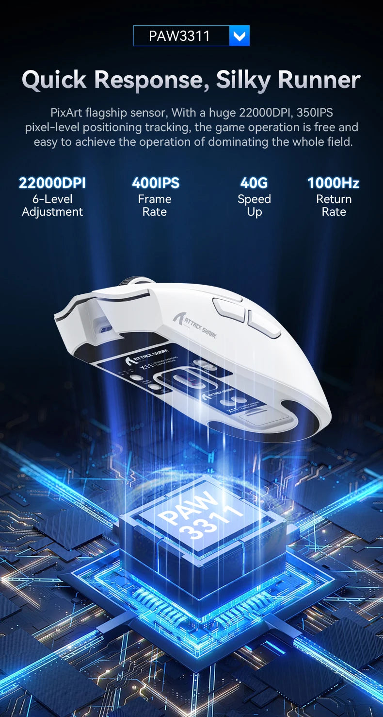 ATTACK SHARK X11-Mouse Tri-Mode Lightweight Gaming Mouse,PAW3311,22000DPI,400IPS,40G,1K Return Rate,Magnetic Fast Charging