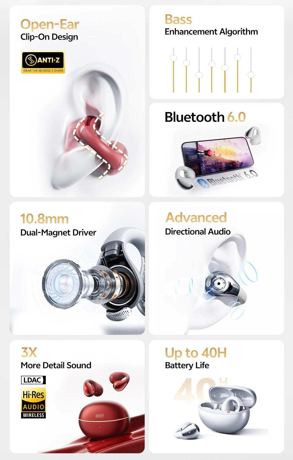 QCY Crossky C30S Open Ear Earphones Wireless Bluetooth 6.0 Clip-On Earbuds LDAC Hi-Res Audio Dual Connection 40H IPX5 Waterproof