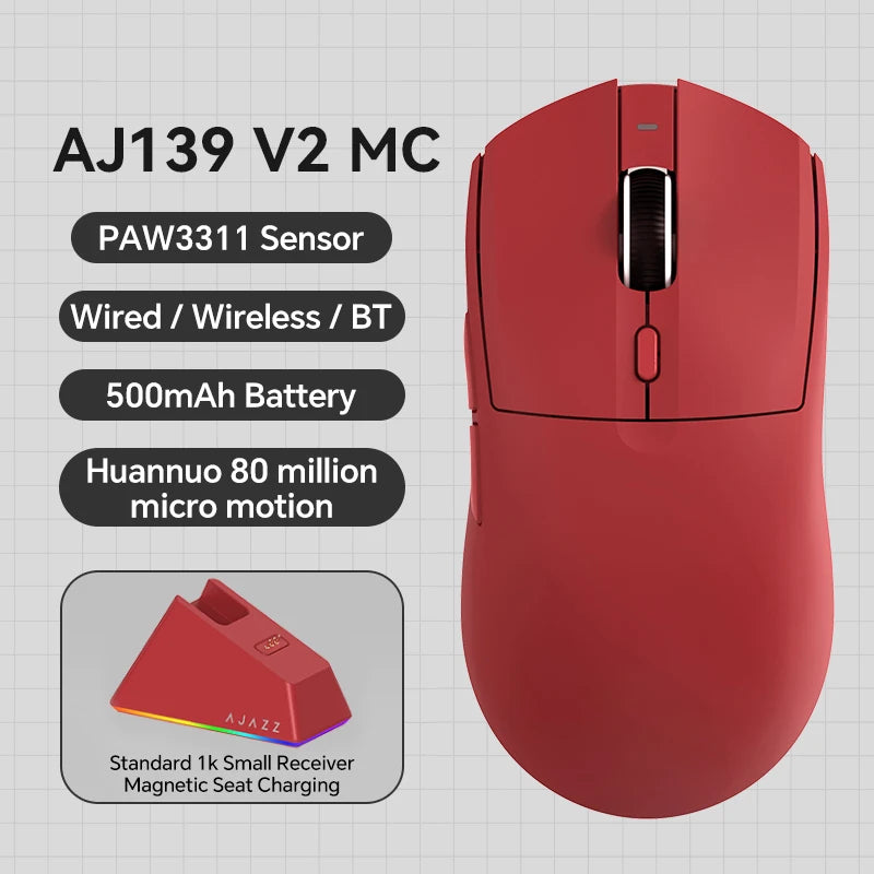AJAZZ AJ139 V2 MC Three-mode Wired/Bluetooth/2.4G Wireless Gaming Mouse PAW3311 Sensor 500mAh Mouse Suitable for PC Gamers