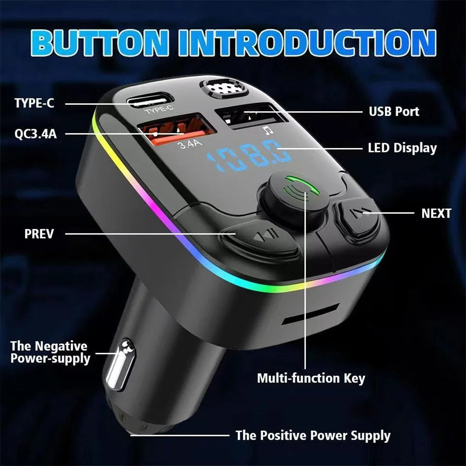 Car Charger Bluetooth 5.0 FM Transmitter Handsfree PD Type-C Dual USB Ambient Player MP3 Charger Type-C Wireless Light