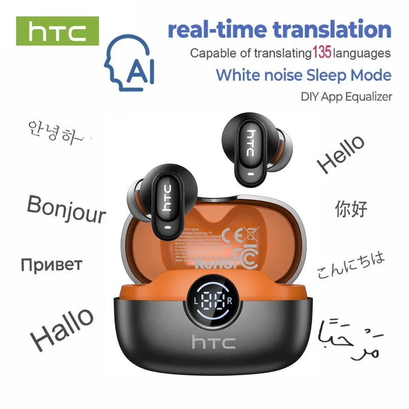 HTC NE79 TWS Bluetooth 6.0 Earbuds AI Translation 135 Languages ENC Noise Cancelling HiFi Stereo Headphones with LED Display