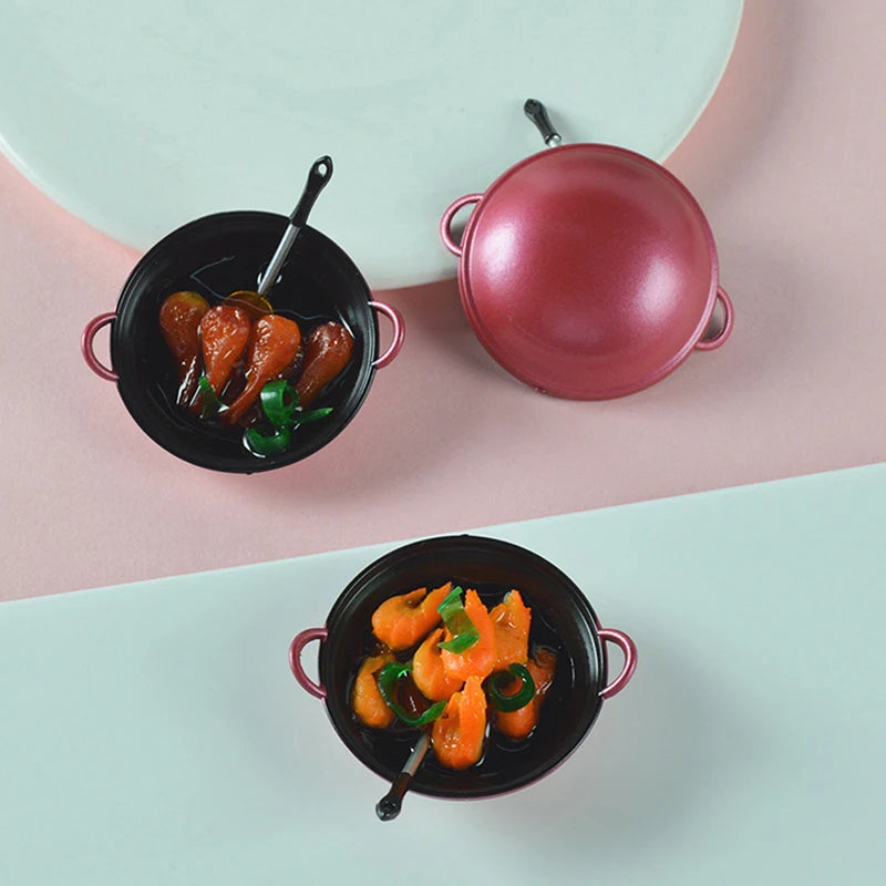 1/12 Dollhouse Miniature Accessories Mini Metal Cooking Pot with Food Simulation Kitchen Kitchenware Model Toy Doll House Decor