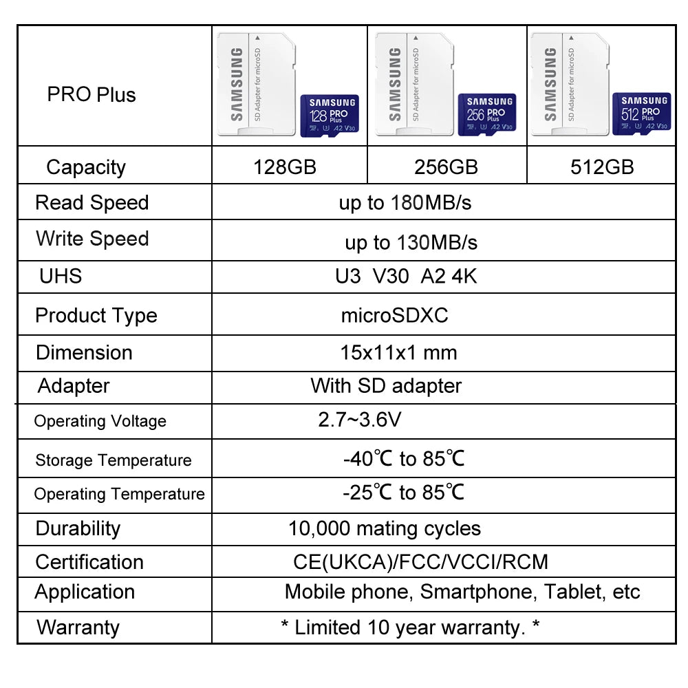 SAMSUNG EVO/PRO Plus Memory Card 64G A1 Micro SD Card 128G 256G 512G U3 A2 V30 Drive Recorder Monitor Camera Dedicated TF Card