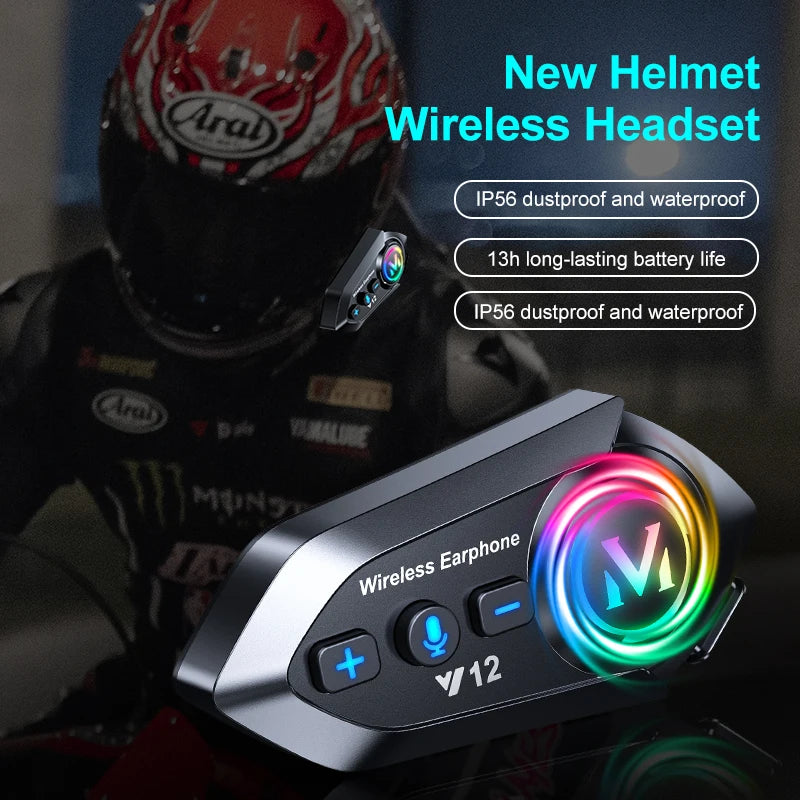 Bluetooth 5.4 Motorcycle Helmet Headset 500mAh Battery Life Wireless Hands Free Headphone Waterproof Noice Reduction Earphone