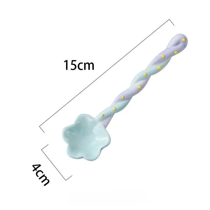 Ceramic Flower Soup Spoon Household Ice Cream Hand Painted Dessert Stirring Spoon with Long Handle Kitchen Tableware Accessories